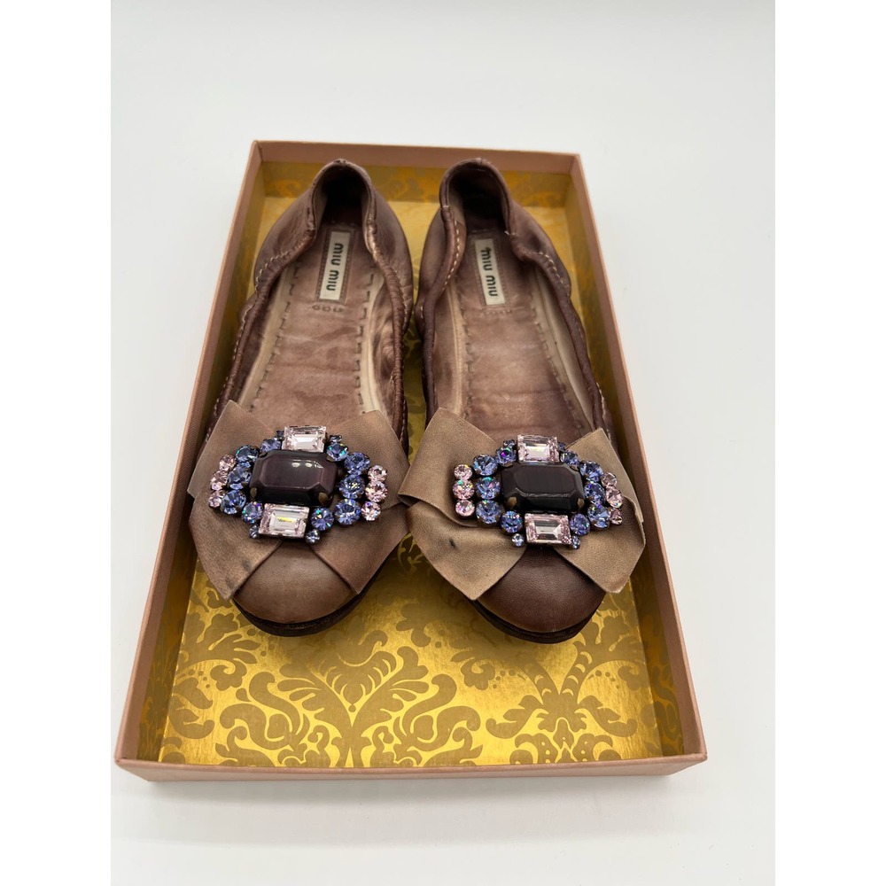 Miu Miu Tan Nappa Leather Jeweled Designer Ballet Flats Cottagecore Croquette